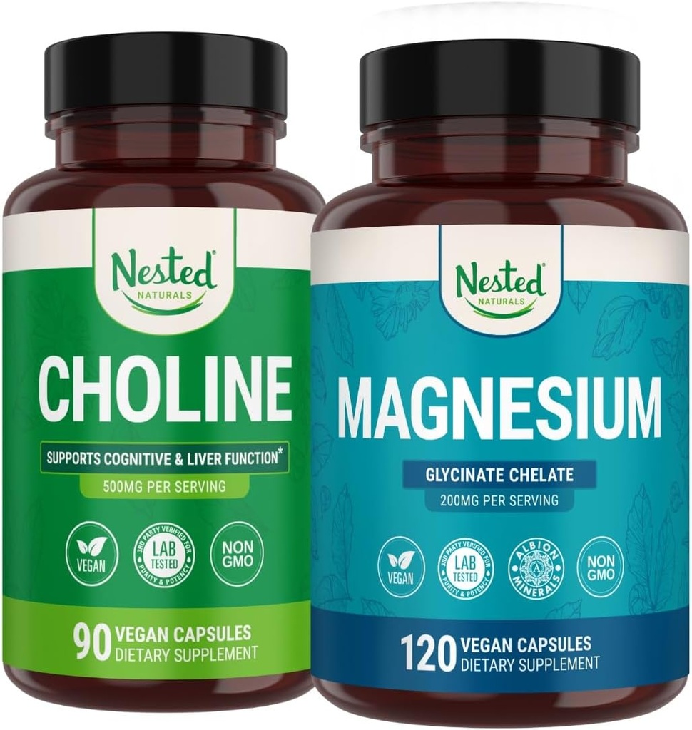 Nested Naturals Koliinibitartraatti & Magnesium Glycinate Chelate Stack ... Rentoutuminen, unituki, kognitiivinen suorituskyky (210