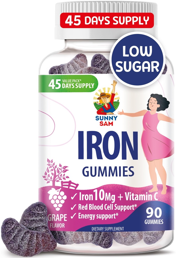 SUNNY SAM Iron Gummies lapsille ja aikuisille - Rauta vitamiinit C-vitamiinia, 10 mg per tarjoilu - Puruhedelmä Gummy immuuni tukea Red Blood Cell tuotanto
