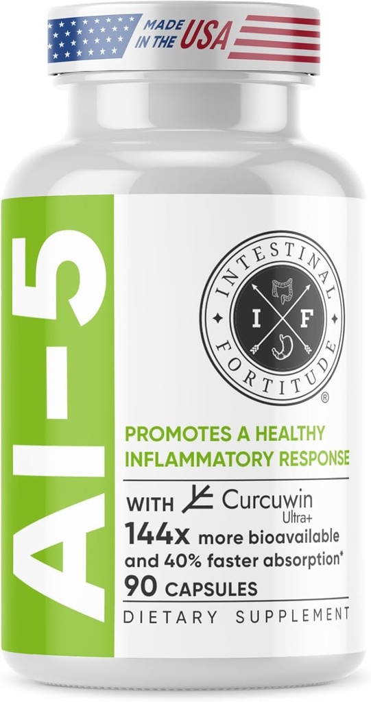 Intestinaalinen Fortitude AI-5 - Ruoansulatuselimistön rohdosvalmisteen täydennysosa w/CurcuWIN, kurkuma, Curcumin, Boswellia Serrata, inkiväärijuuri & EGCG Green Tea for Gut & DigestiveHealth Support, non-GMO, Dairy Free