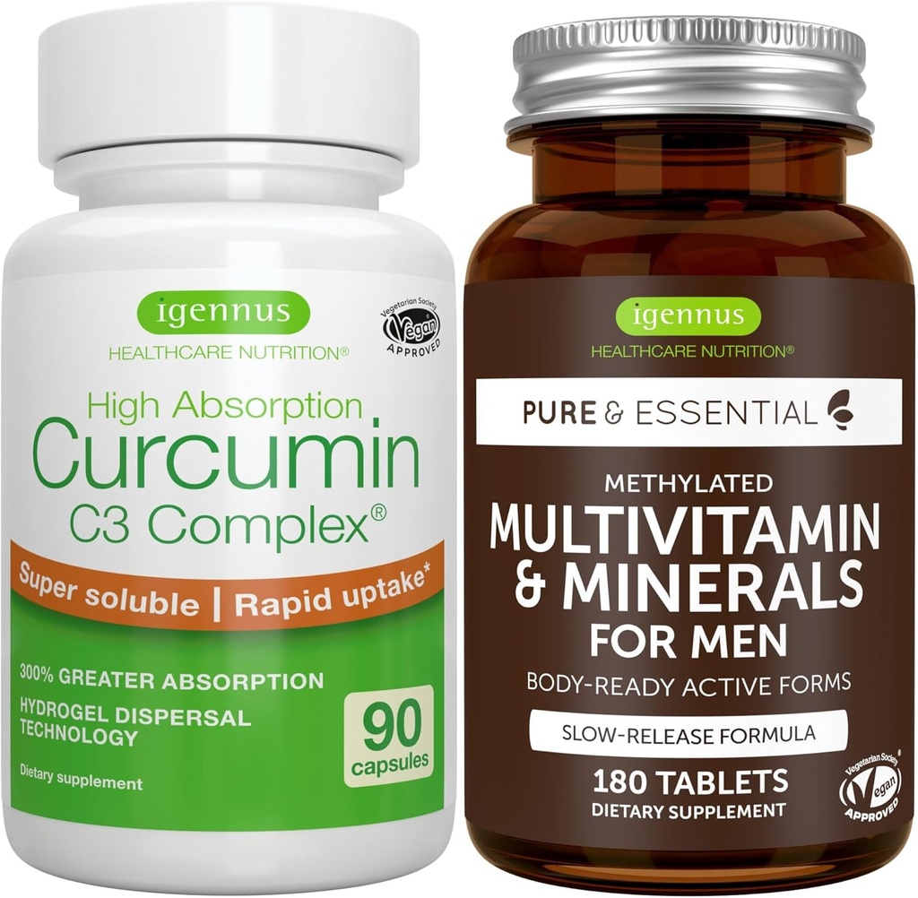 Monivitamiini ja mineraalit miehille + korkea absorptio Curcumin C3 Complex, vegaaninen Bundle, kestävä julkaisu Advanced Multivitamiini + 300% Suurempi Imeytyminen Curcuminoidit nopea otto, Igennus