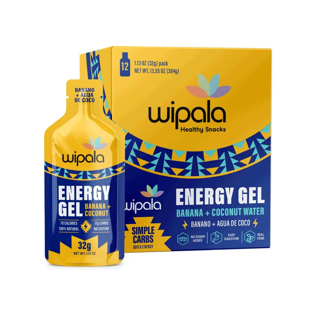 Wipala Energy Gel, Banana Coconut, 12 Pack - Koffeinfri, certifierad Vegan, ingen GMO - Ren energi för uthållighet, körning och prestanda