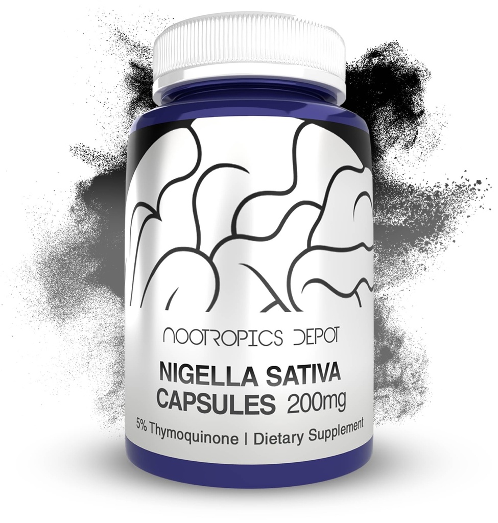 Nootropics Depot Nigella Sativa Extract kapselit ... 200 mg... 60 Count... vähintään 5% Thymokinonin sisältö... Musta siemenöljyuute ... tukee muistia, maksaa, aivoja ja immuunitoimintaa.