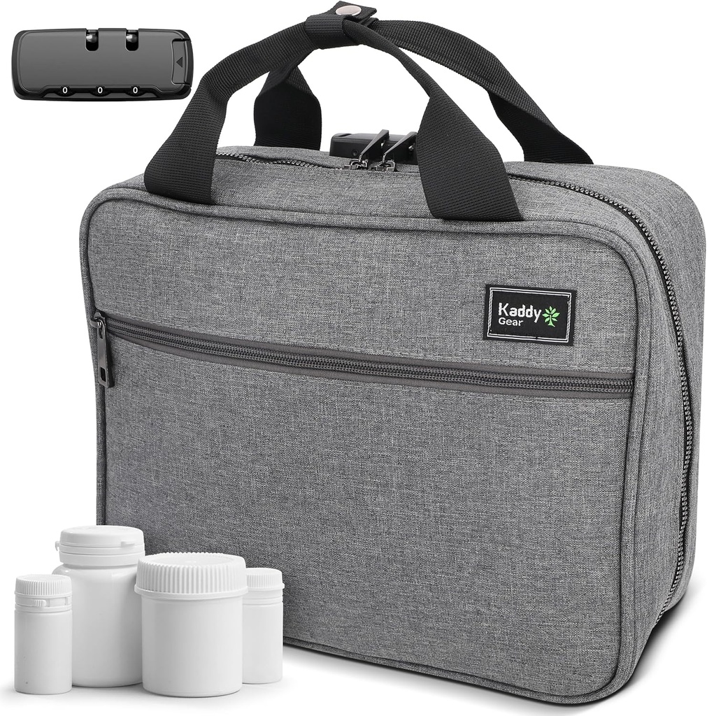 Kaddy Large Medicine Bag, Secure, Padded, Pill Organizer Box, Case for Bottles of Medicine tai lisäravinteet; Varasto; WC; 3 Digit Lock, Grey
