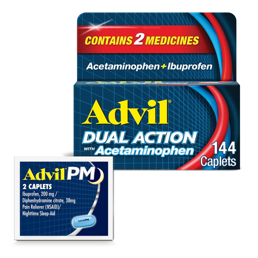 Advil Dual Action kanssa asetaminofeeni ja Ibuprofeeni (2 annos ekvivalentti) 8 tunnin kivunlievitys, päällystetty 144 Ct Caplets ja 2 Ct. Näyte Advil PM