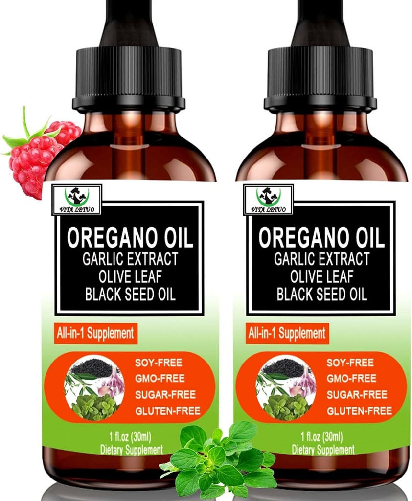 (2 pakkaus) Organic Oil of Oregano kanssa Musta siemenöljyä immuuni, Ruoansulatustuki & antioksidantti, w/Garlic Elderberry Seasonal Support 6X Imeytyminen Nestemäinen Oregano Drops