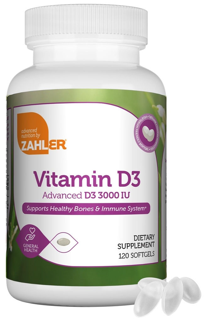 Zahler - Advanced Vitamiini D3 3000 IU Softgels (120 Count) Kosher Kasvissyöjä Friendly D-vitamiinia immuuni tukea, luut, hampaat & Lihasterveys - Päivittäinen D3-vitamiini täydentää aikuisille - helppo niellä.
