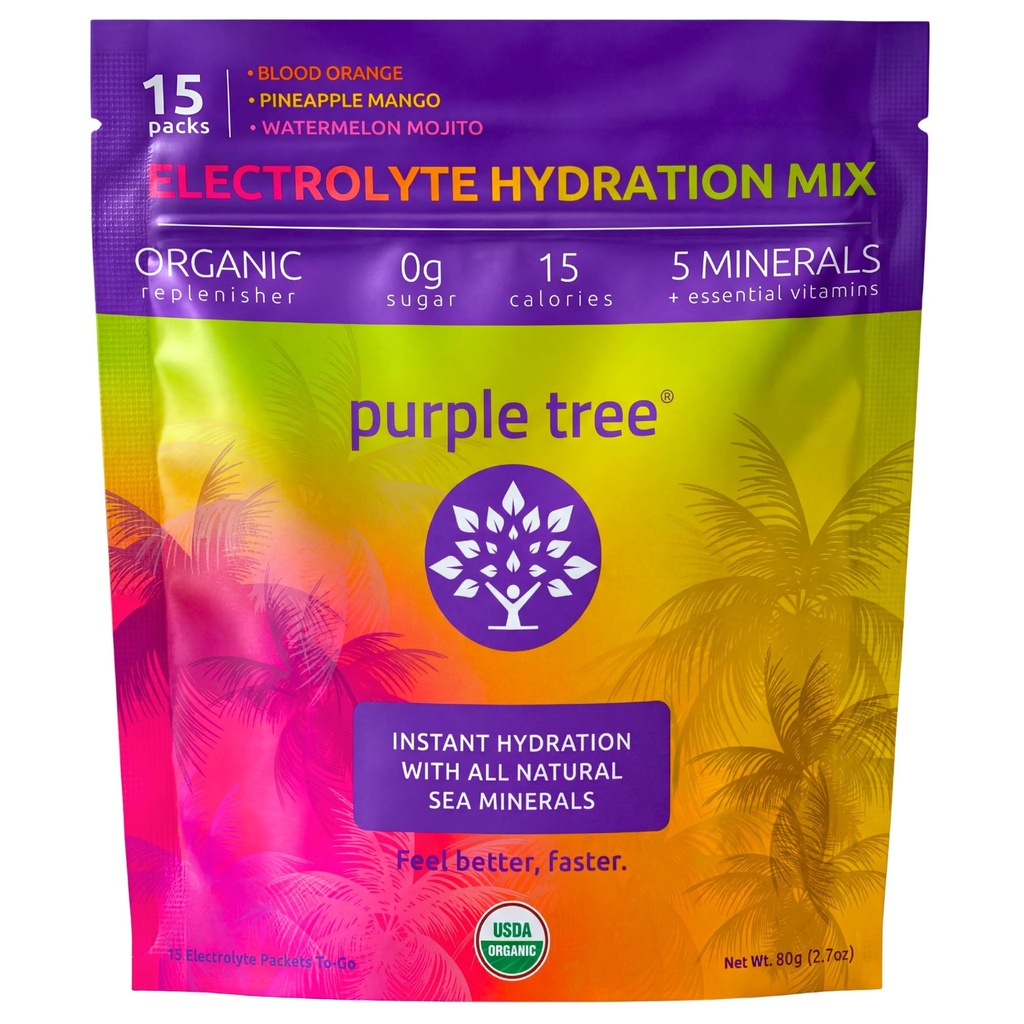 Violetti puu Organic Electrolyte Hydration Packets, Zero Sugar, Sea Salts, Daily IV Hydrate Packs for Rapid Rehydration Relief - Water Drink Mix, Variety Pack, 15 yksikköä
