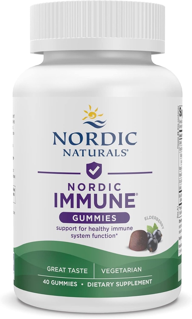 Nordic Naturals Immuno Gummies, Elderberry, 40 Immuunituki Gummies, purivia vitamiineja päivittäiseen immuunitukeen, ei-GMO, kasvissyöjä, 20 tarjoilua