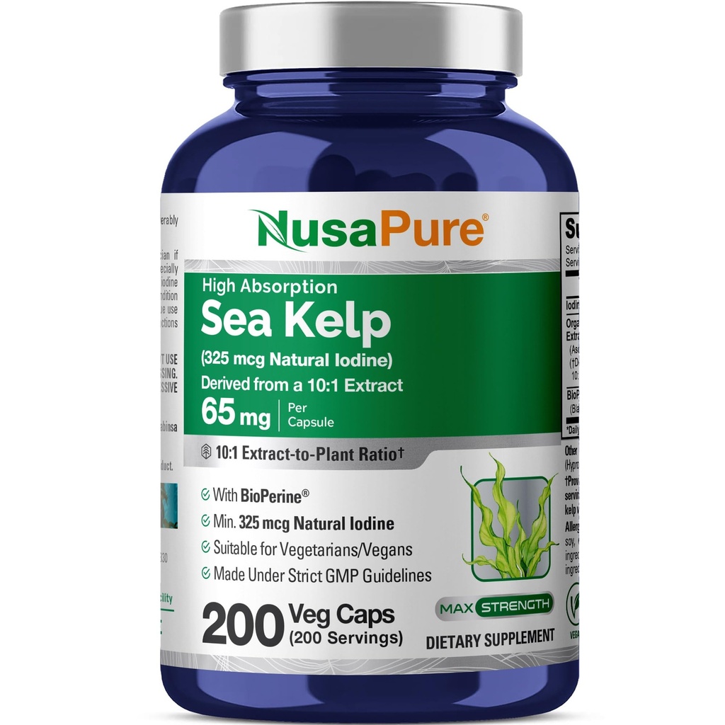 NusaPure Sea Kelp Natural Iodine 325mcg 10:1 Extrakt, 65 mg Equivalent till 650 mg kapsel 200 greve (Non-GMO, Vegan)