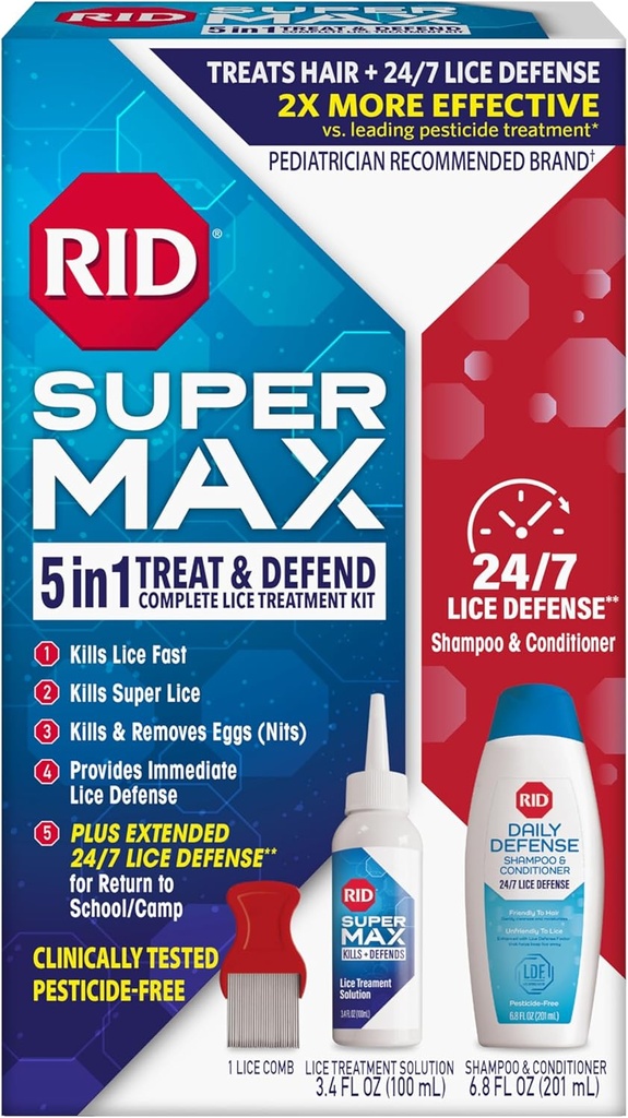 RID Super Max Lice hoitopakkaus, tappaa Lice & Super Lice & Eggs + 24/7 Lice Defense, Pesticides Free, 3,4 FL OZ Solution + 6,8 FL OZ Päivittäinen puolustus Shampoo & hoitoaine + Nit Removal Comb