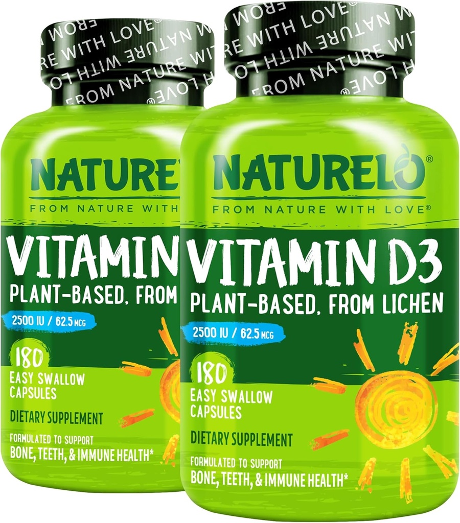 NATURELO Vitamin D - 2500 IE - Plant Baserat från Lichen - Natural D3 Supplement för Immune System, Bone Support, Joint Health - Vegan - Non-GMO - Gluten Free - 180 kapslar (Pack of 2)