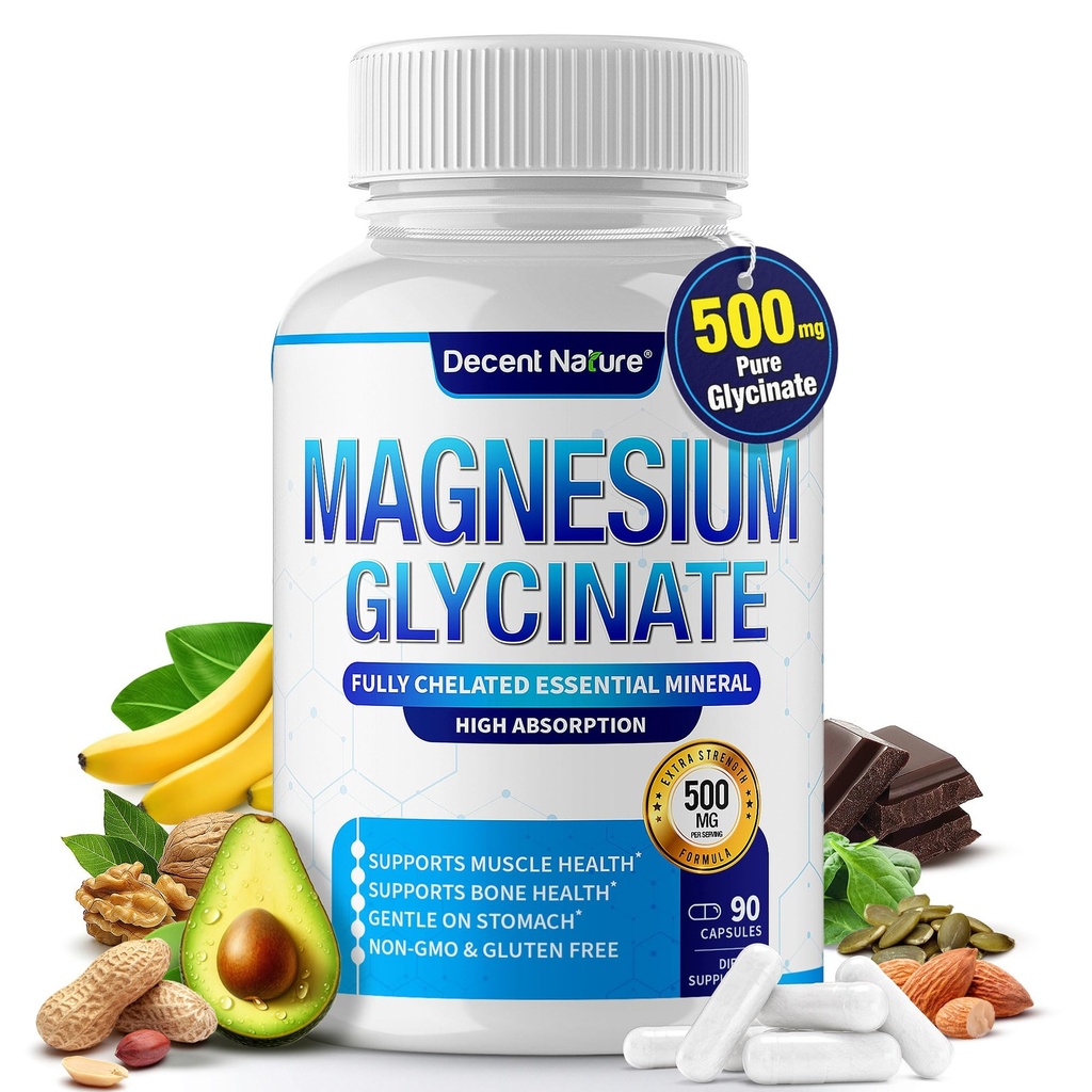 Magnesium Glycinate 500 mg Magnesium Supplement - Kelatoitu korkeaan imeytymiseen ja biologiseen hyötyosuuteen Sleep, Lihas, Luut, Kramps, Recovery & Energy, Vegan non-GMO 90 kapselia