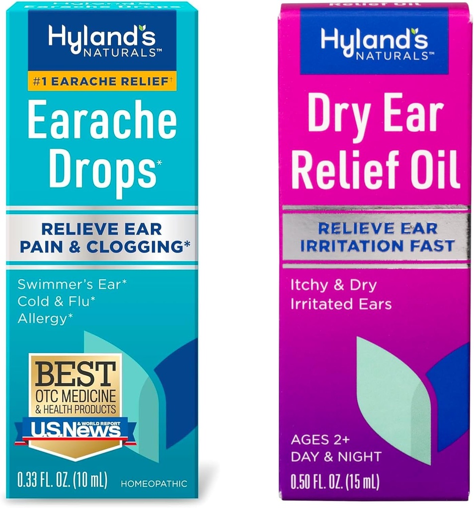 Bundle of Hyland's Earache Drops 0.33 Fl Oz och Dry Ear Relief Oil, Relieve Ear Irritation Fast, for Itchy and Dry Irritated Ears, Ages 2 and up, Day and Night Drops, 0.5 Ounce