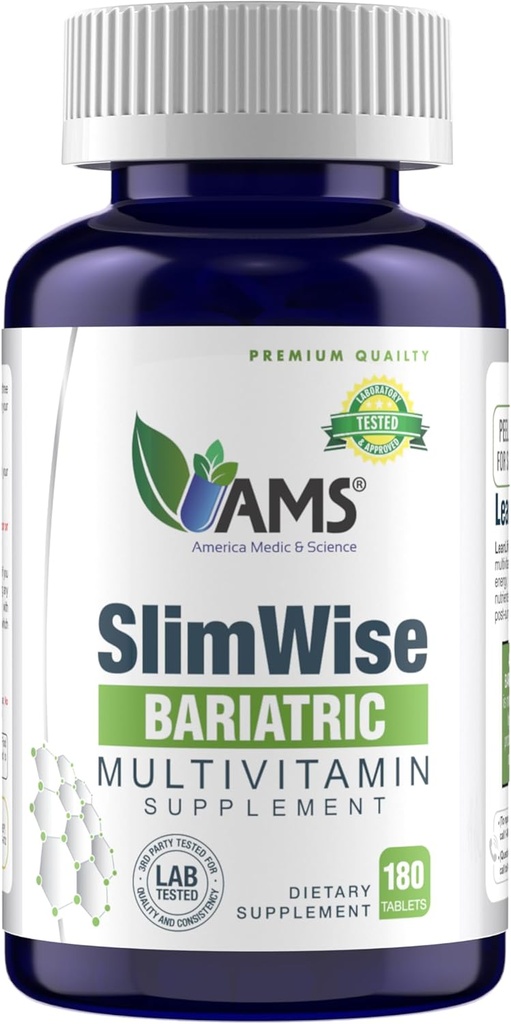 Amerika Medic & Science SlimWise Bariatric Multivitamin - 180 Caplets | 2-månaders leverans | Post Gastric Bypass & Sleeve Support | Järn, B12, Vitamin D3, Folate | Lätt att svälja Bariatric Vitaminer