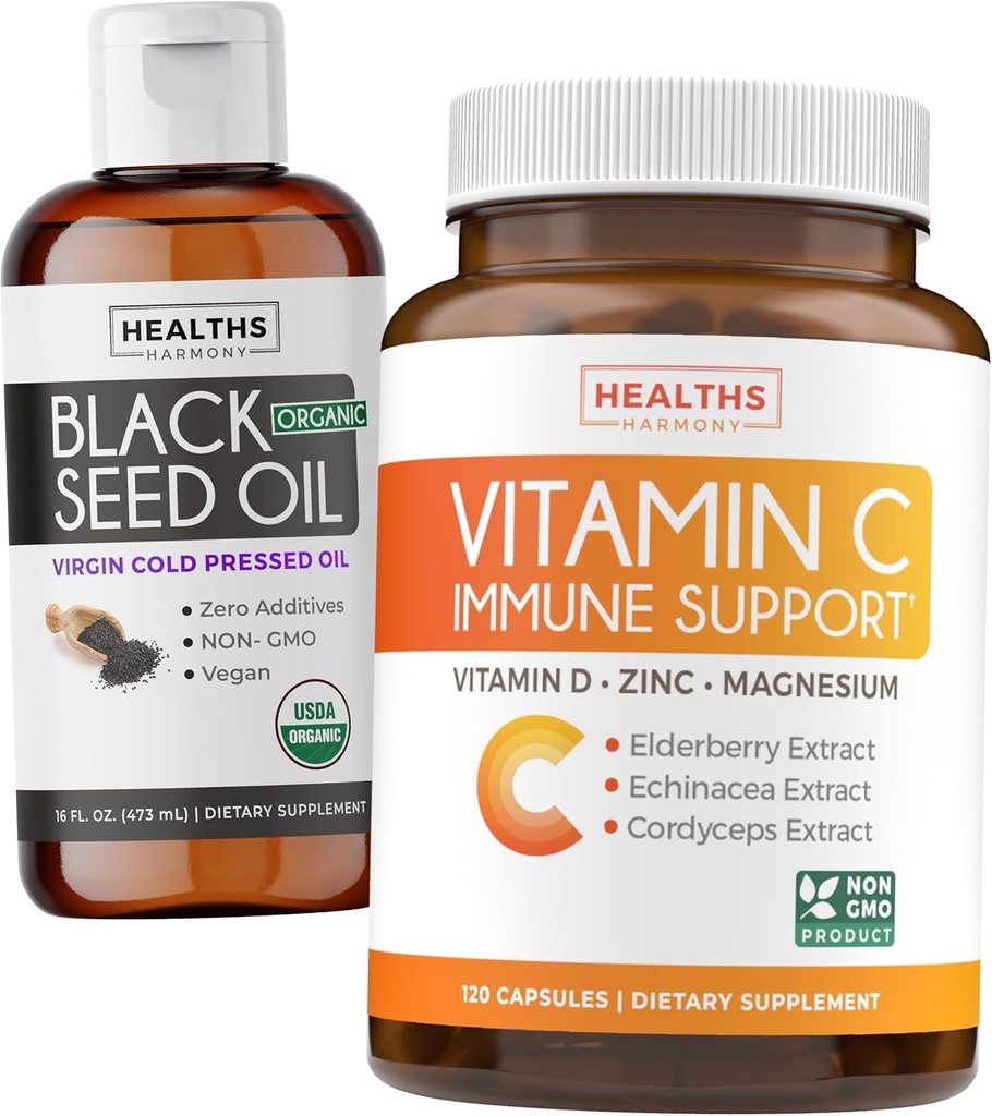Black Seed Oil Liquid & Immune Support (2-månaders leverans) Immun Maximiser Bundle - Black Seed Oil Liquid (16fl.oz) Premium Cold-Pressed Clack Cumin Seed Oil & Vitamin C Immune Support (120 Veg Caps)