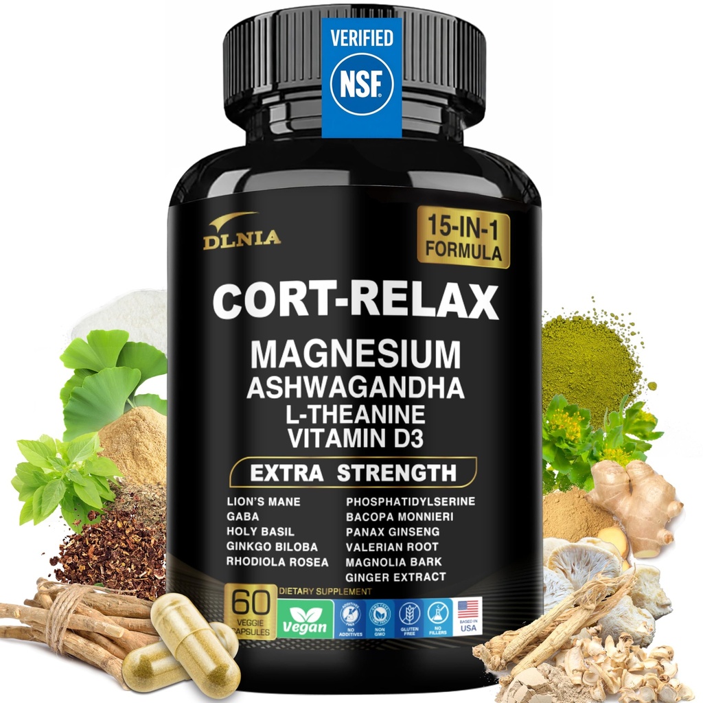 Super Calm Cortisol Supplement magnesium Glycinate, Ashwagandha KSM-66, L-Theaniini, Fosfatidyyliseriini, Ginkgo Biloba & Lions Mane rauhoittaa, keskittyä, mielen selvyys, rentoutuminen, uni, energia