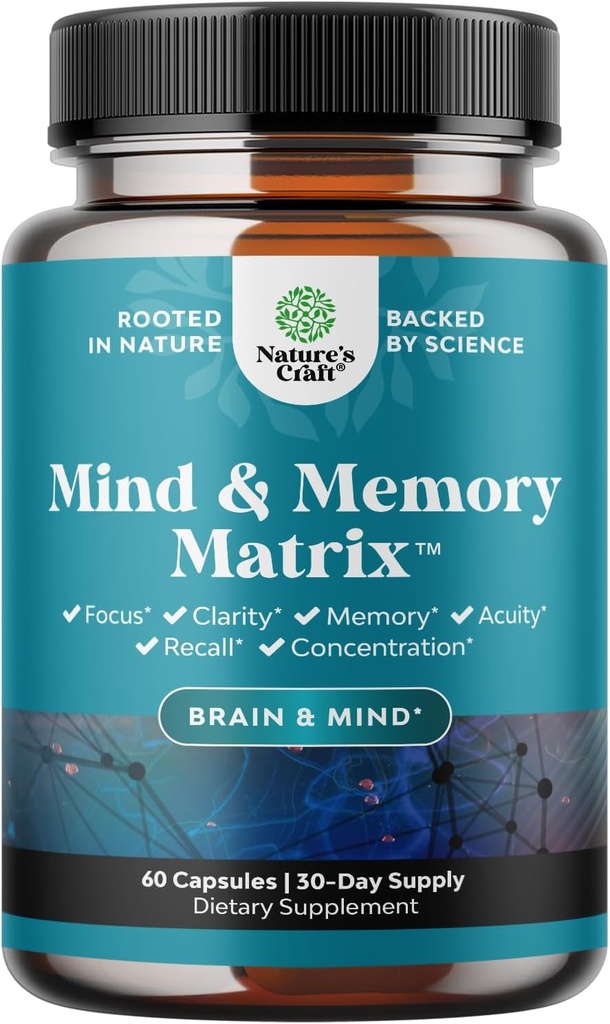 Matrix Nootrophic Brain Supplement for Memory and Focus Enhancement - Vitamiineja mielenterveyden & Clarity - Kognitiivinen Complex aikuisille kaikenikäisille mielen elinkyky - 60 kapselia