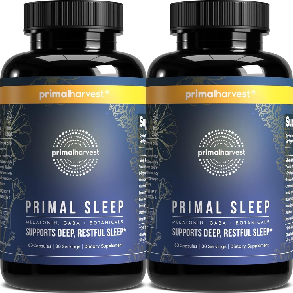 Primal Harvest 2 Pack, Primal Sleep, 120 kapselia, joissa on valerianjuuria, L-tryptofaania, GABAa, kamomillaa ja melatoniinia 3 mg