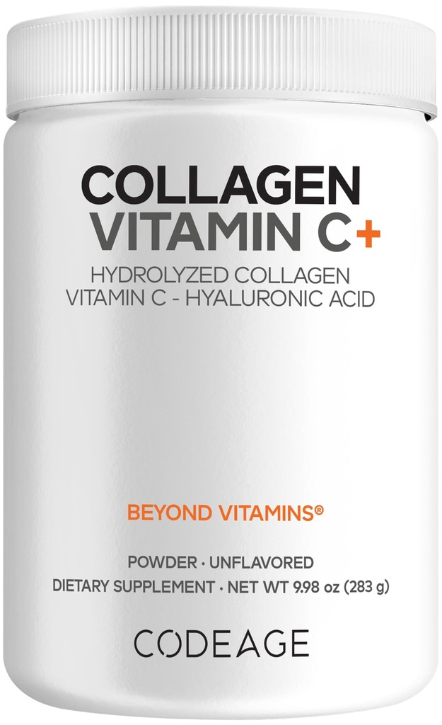 Koodi Collage Collagen Peptides Powder + C-vitamiini - 20g Grass-Fed Collagen Per Serving - Ruoansulatuskanavan entsyymit, Hyaluronihappo, 18 Aminohapot - Hydrolysoitu kollageeniproteiini - ei-GMO, makuamaton - 9.98 oz