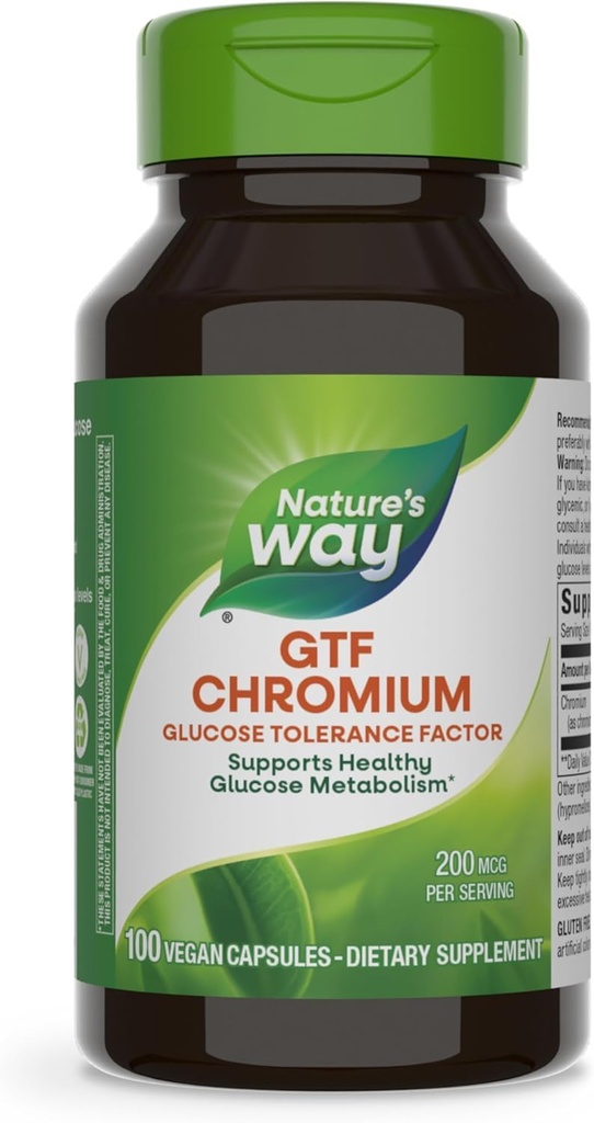 Nature's Way GTF Kromi, Glukoositoleranssitekijä, tukee terveellistä glukoosiaineenvaihduntaa*, 200 mikrog Kromia per annos, 100 vegaanista kapselia (Packaging May Vary)