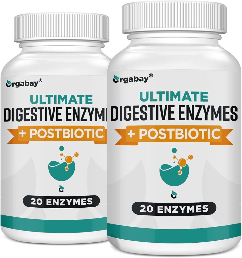 Orgabay Dgestive Enzymes 1000 mg Postbiootit, 20 Enzyme Blend for Bloating, Optimal Digestion ja Gut Function, 120 kasviskapselit