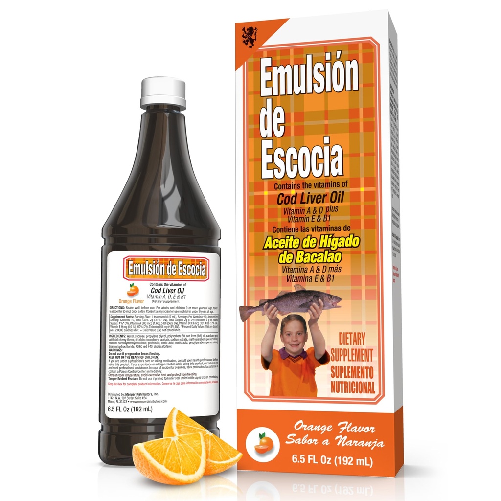 EMULSION DE ESCOCIA Cod Liver Oil, Orange Flavor, 6.5 fl oz (1 Pack) - Fiskolja med vitamin A, D, E, B1, Omega-3 för immun och benhälsa, barn och vuxna