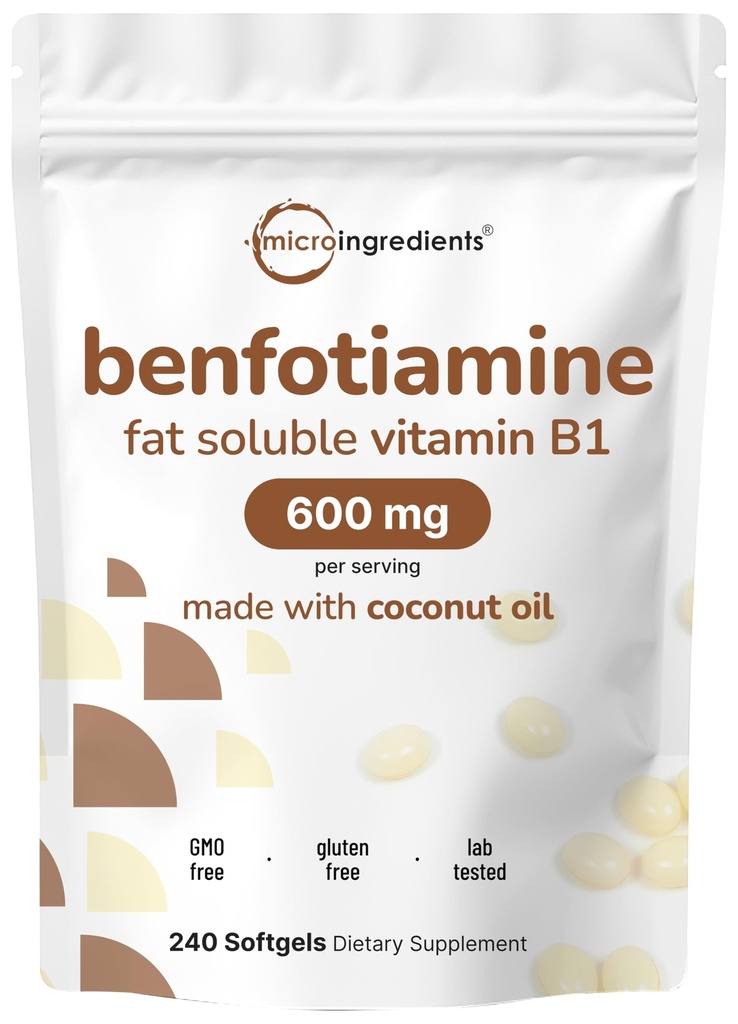 Micro Ingredients Vitamiini B1 Benfotiamiini 600 mg Per Serving, 240 Coconut Oil Softgels ...