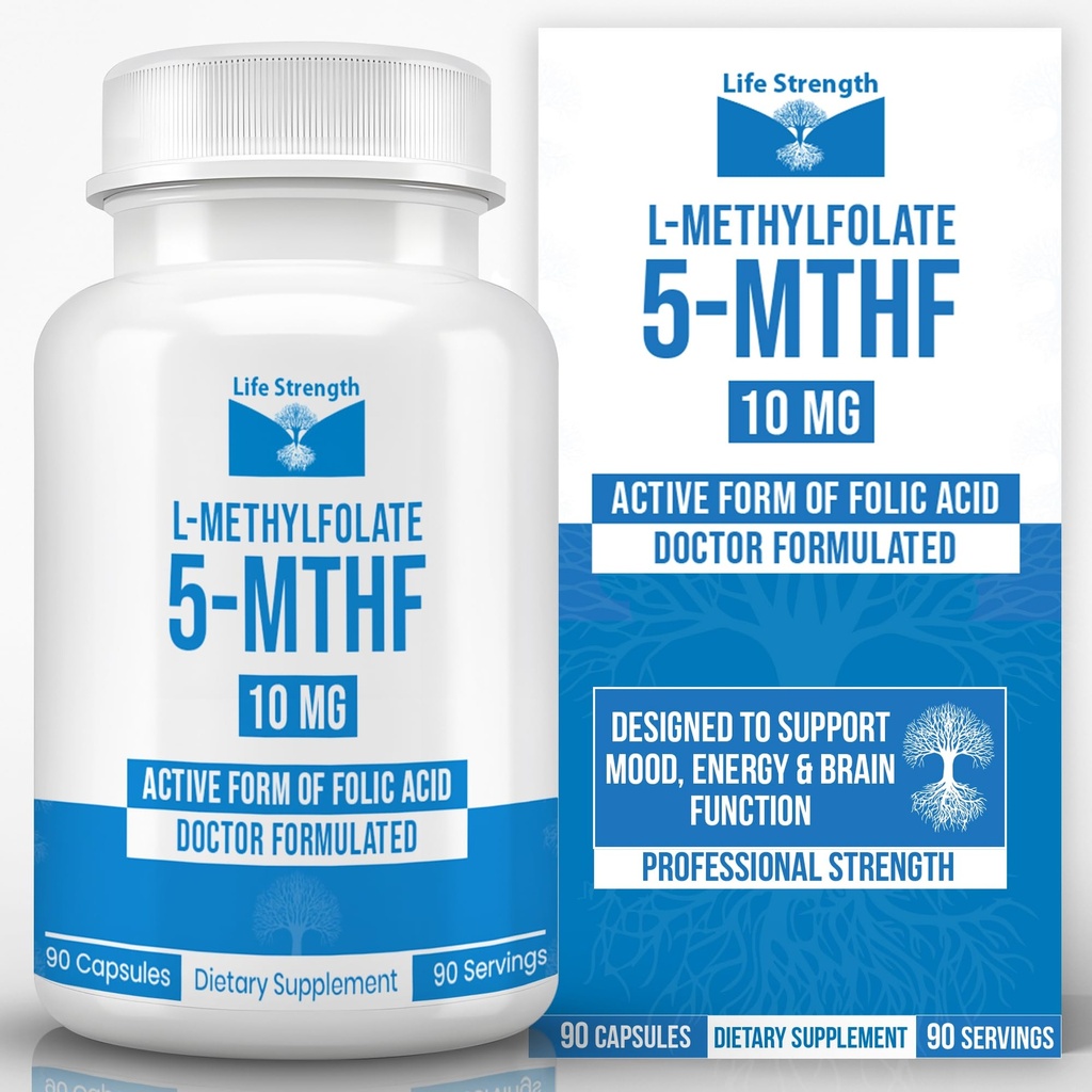 L-Metyylifolaatti 10 MG, Optimoitu & erittäin bioaktiivinen metyylifosaatti, 5-MTHF-lisä mieliala- ja immuunitukea varten, luonnollinen ruokavaliolisä energialle, ei-GMO & Gluteeniton, 90 kapselia