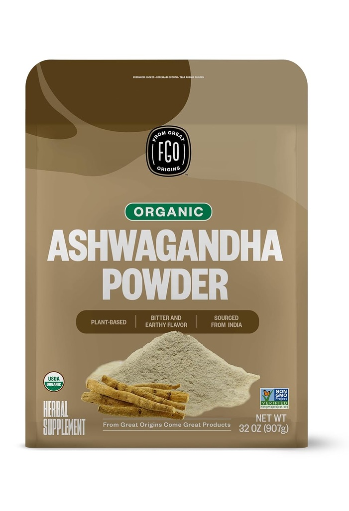 FGO Organic Ashwagandha Root Powder, 32oz Resealable Bulk Bag, Ei-GMO, Intian Ginseng, Withania Somnifera, Lähde Intiasta (paketti 1)
