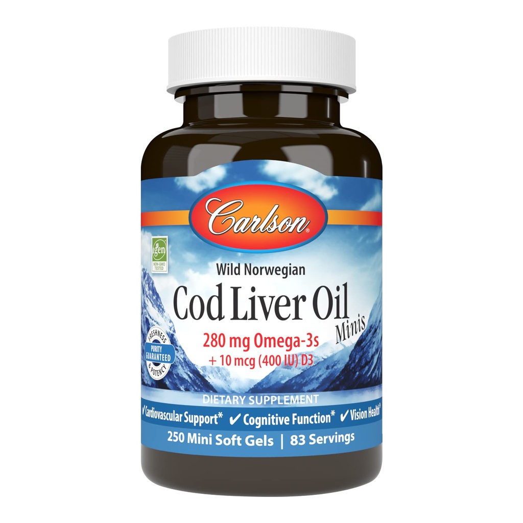 Carlson - Turska Maksaöljy Minis, 280 mg Omega-3s + vitamiinit A & D3, Heart Support & Cognitive Function, Vision Health, 250 Mini Soft Geels