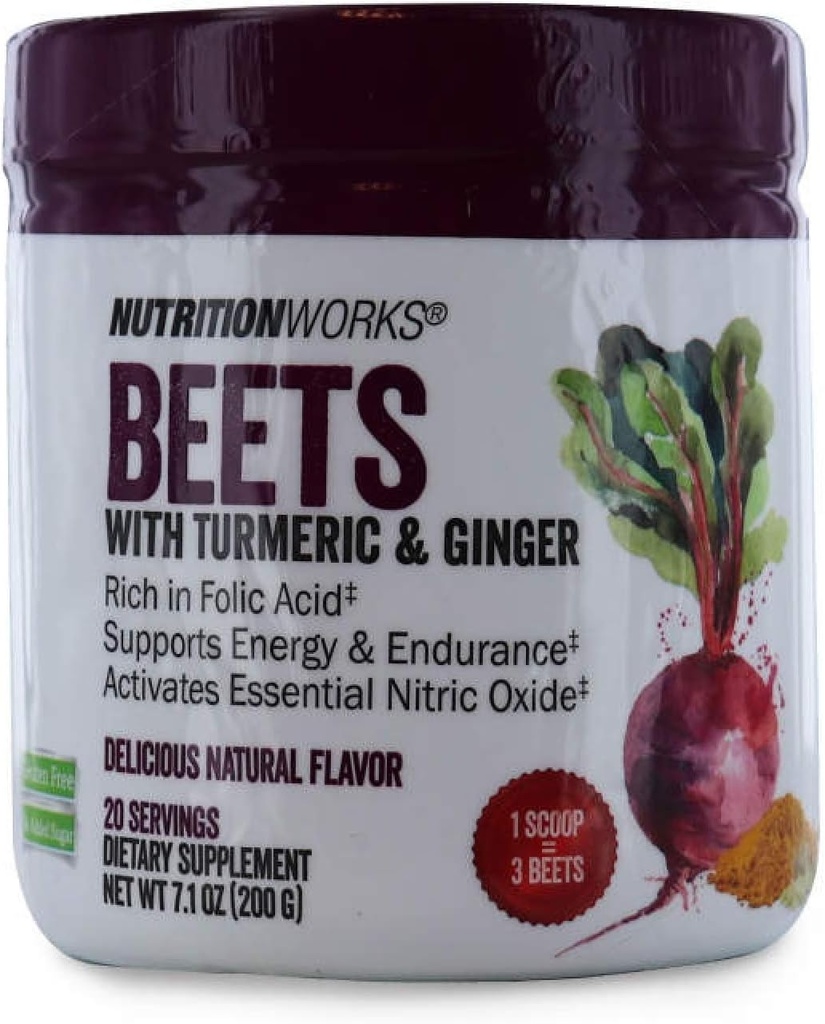 Nutrition Works Beets Turmeric & Ginger. Gluteeniton, ei lisättyä sokeria. Tukee energiaa ja kestävyyttä. Ravintolisä. 20 Tarjoilua 7,1 oz