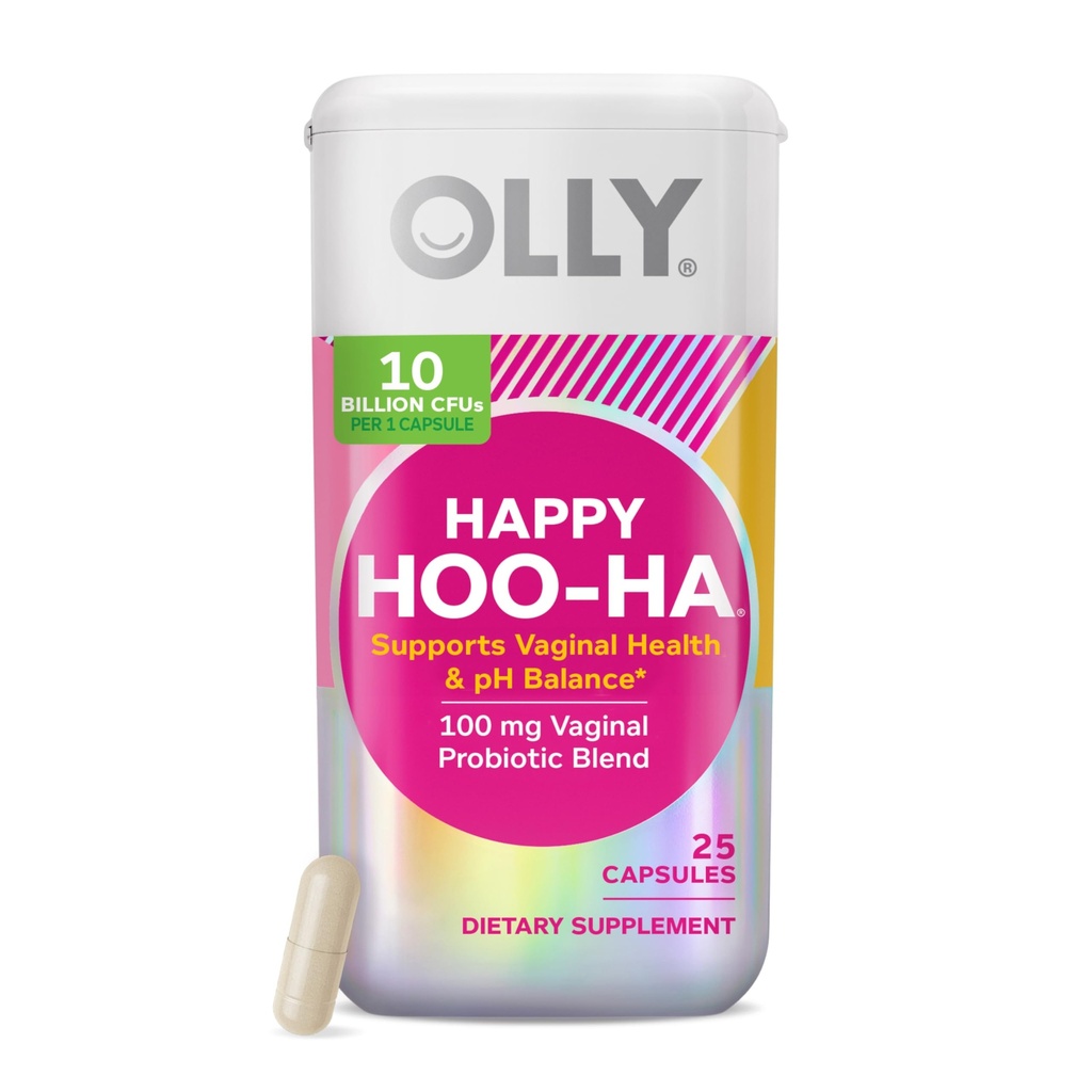 OLLY Happy Hoo-Ha Capsules, Probiotics for Women or People wth Vaginas, Vaginal Health och pH Balance, * 10 miljarder CFU, Gluten Free - 25 Count