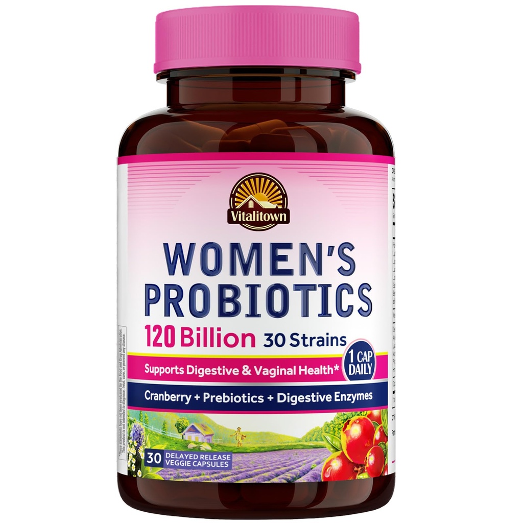 Vitalitown Probiotics for Women 120 Billion CFUs, 30 Strains, med Prebiotics & Digestive Enzymes & Cranberry, Gut & Vaginal Health, Vegan 30 Delayed Release Caps