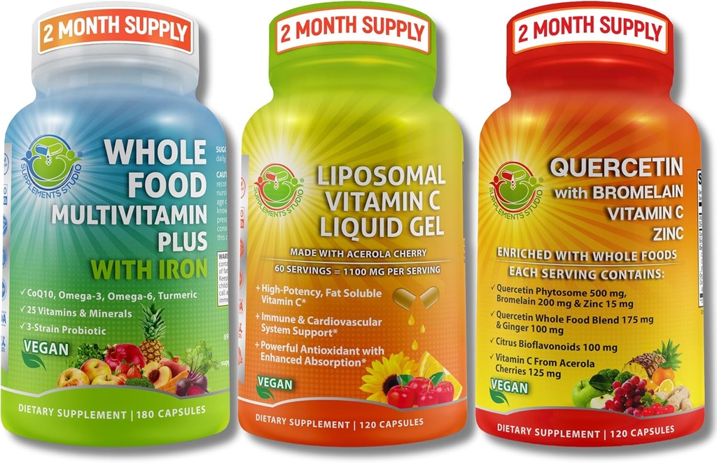 Immuuni-, energia- ja monijärjestelmätukitrio - liposomaalinen C 1100 mg nestegeeli + Quercetin bromelaiini, sinkki- ja C-vitamiini + päivittäinen monivitamiini, jossa on rautaa .