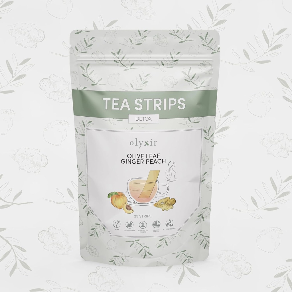 Olyxir Detox Tea Strips - Natural Olive Leaf, Inkivääri, & Peach Flavors - Instant, Energizing, Organic, Paleo, Vegan, ei-GMO 25 Ct