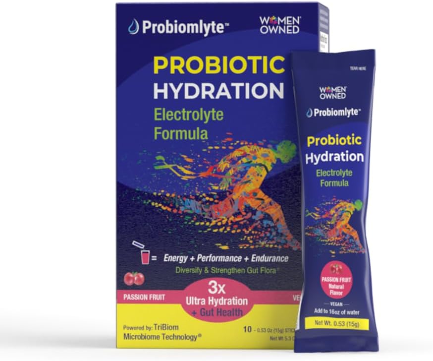 Probiomlyte-Probiootti Hydration vahvistin (Passion Fruit) patentoidulla TriBiom Microbiome Technology for Endurance, Performance, Energy and Gut Health