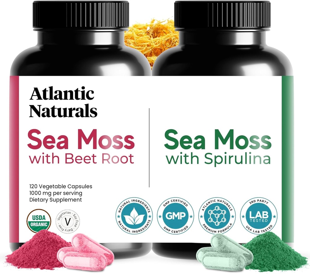 Atlantic Naturals Sea Moss Superfood Bundle - Sea Moss ja Beet Root & Spirulina Kapselit - Puolustustuki, Veren virtaus, Yhteinen terveys & rauta - 240 kapselia (2 x 120 ct)