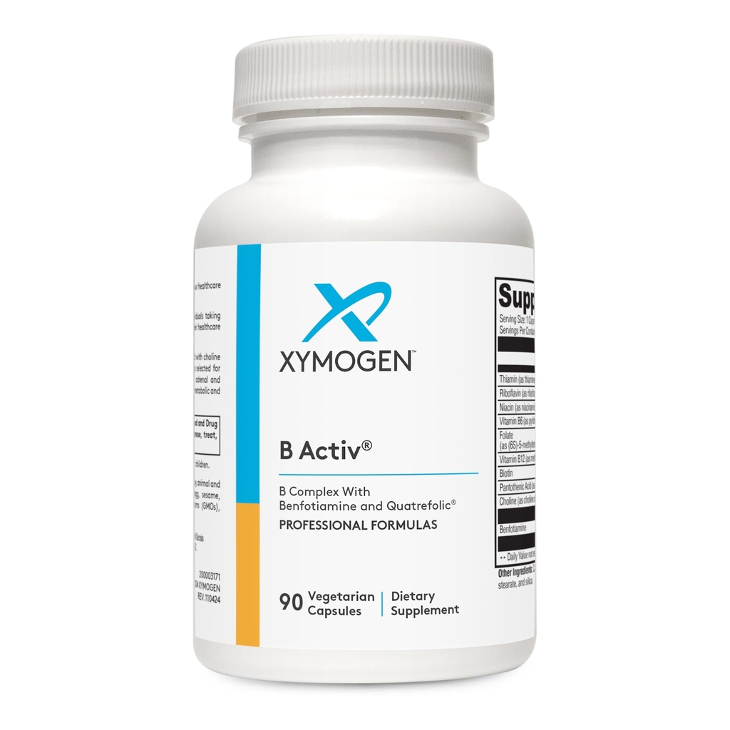 XYMOGEN B Aktiv Vitamin B Komplex med Benfotiamine, Methylfolate, Biotin, Vitamin B6 & B12 (Methylcobalamin b12) - Energitillskott för Adrenal & Mood Support (90 kapslar)