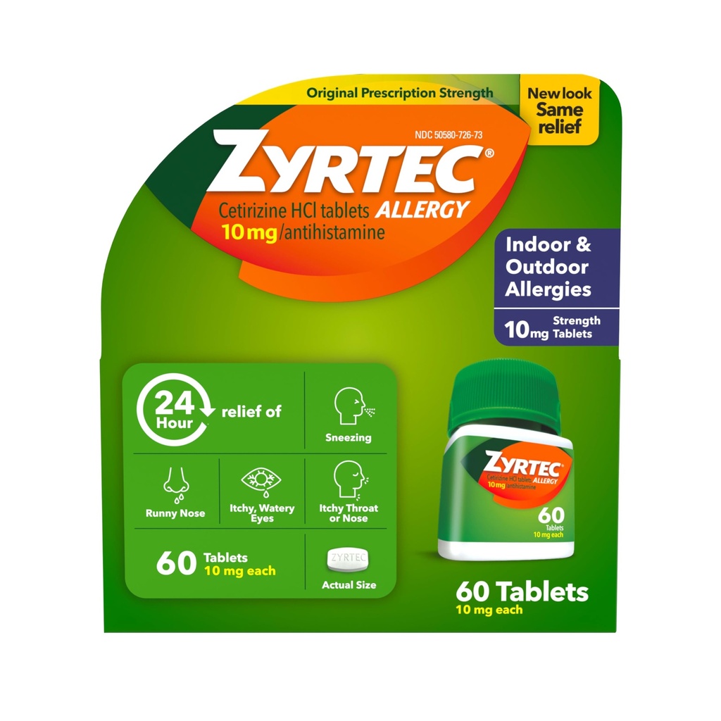 Zyrtec 24 timmars allergi lättnad tabletter, inomhus och utomhusallergimedicin med 10 mg Cetirizin HCl per antihistamin tablett, lindring av allergier, 60 räkning.