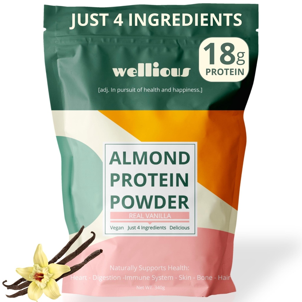 wellious Almond Protein Powder (Vanilla) - 18 Grams of Pure Healthest Vegan Protein for Women & Men - Täydellinen gluteeniton, soijaton ja pehmeä Gut Friendly Protein Powder for Sports Nutrition