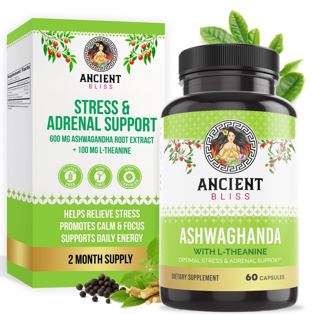 Antiikin Bliss Ashwagandha L-Theanine & Black Pepper Extract kapselit, energia & Natural Mood Support Supplement, Focus täydentää aikuisille