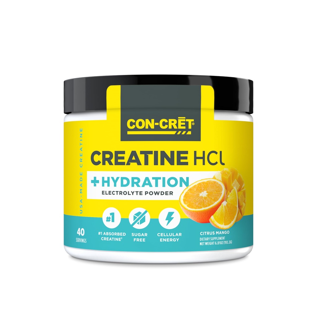CON-CRET Creatine HCl + Hydration | Electrolyte Powder Tub | Citrus Mango | Sugar Free Electrolytes | Rehydrering Formel w Potassium, Sodium, Zink, Magnesium till Hydrate & Recover (40 serv)