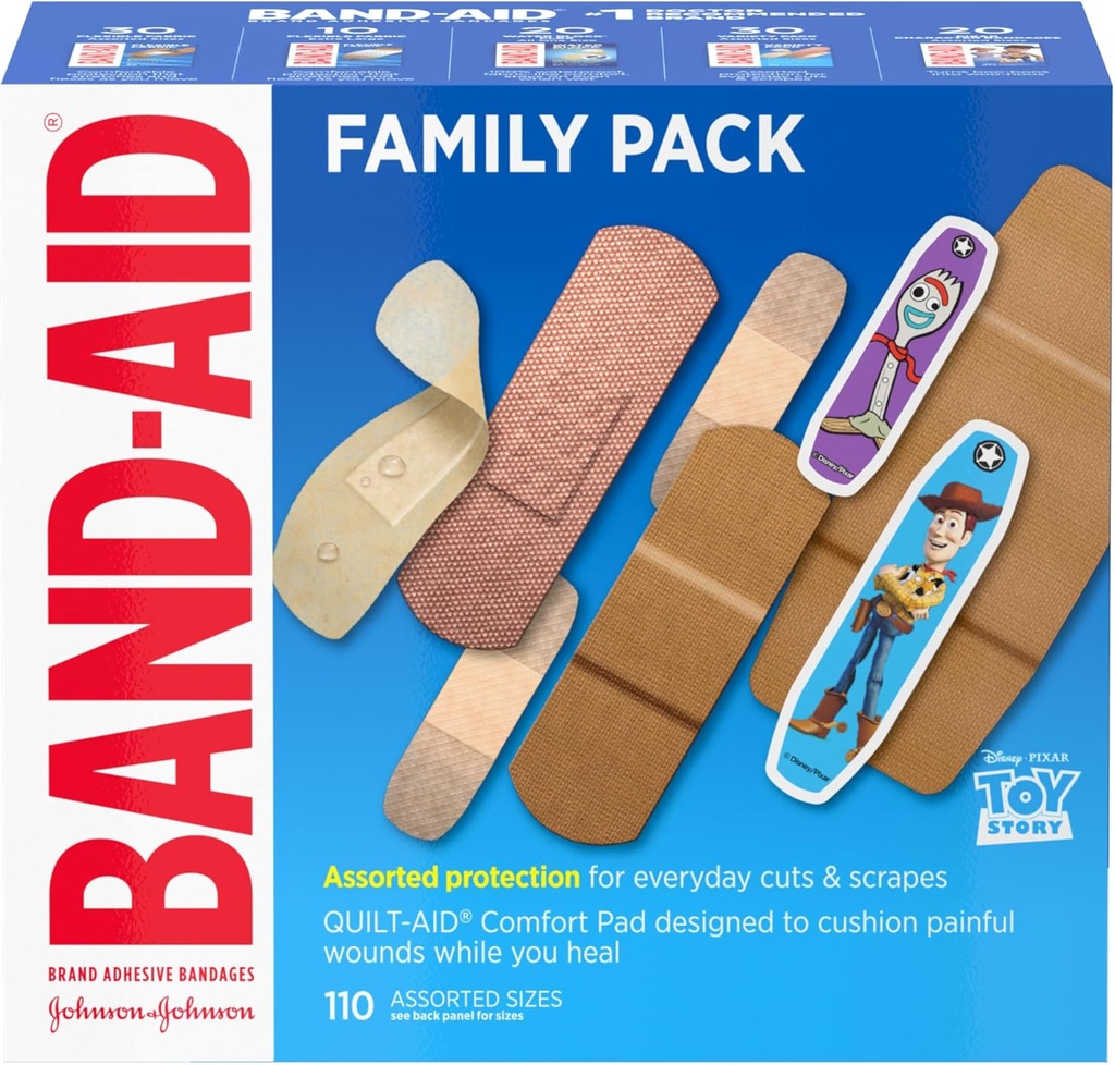 Band-Aid tuotemerkin liimasidonta Bandage Perhe Lajike Paketti valikoituja Kokoja Featuring Water Block Flex, Joustava Kangas, Skin-Flex, Kova nauhat & Pixar merkkiä Bandges, 110 ct