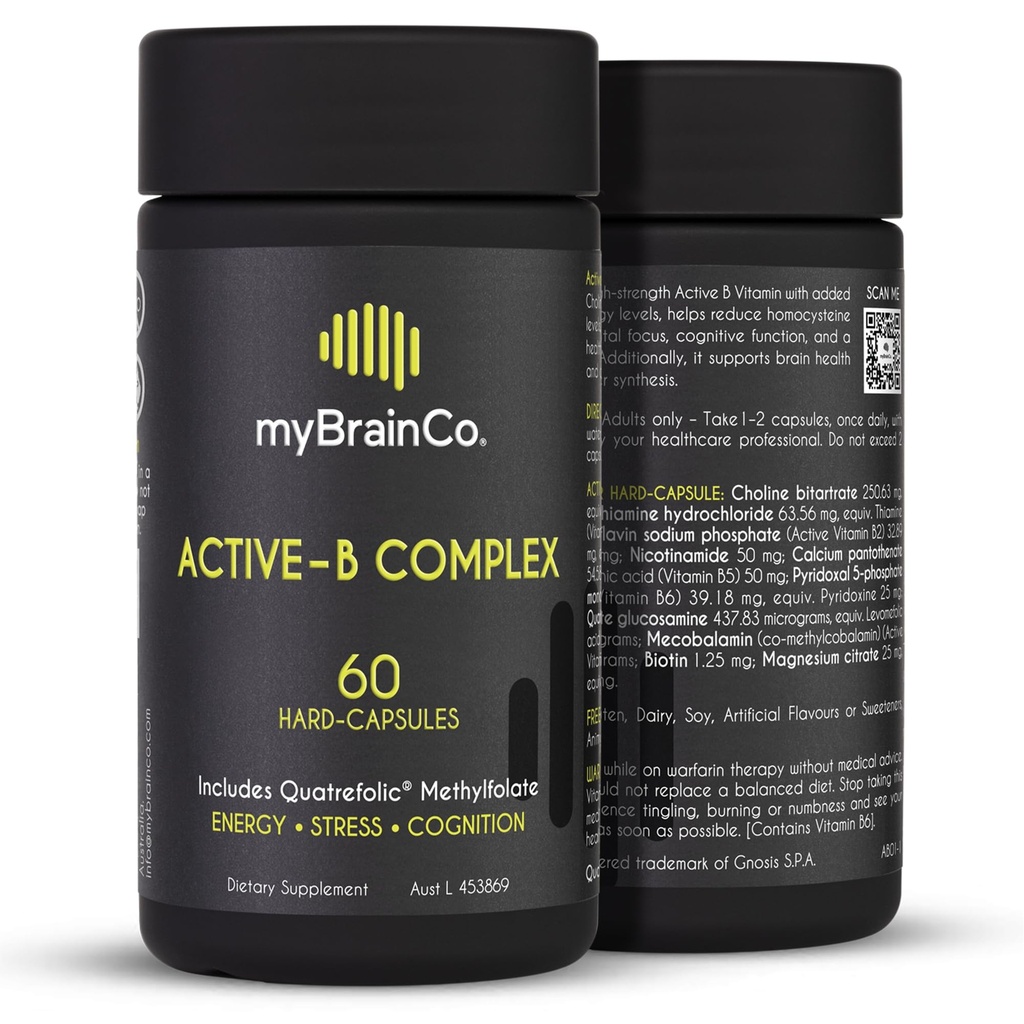 MyBrainCo. Active-B Complex . Korkea vahvuus Aktivoitu B-vitamiinilisä B2, B6, B12 & Methyl Folate . Tuet energiaa, aivojen toiminta & Hermosto 60 Vege- Capsules