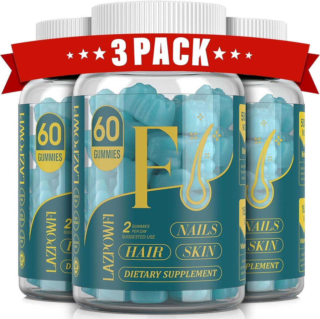Biotin Gummies -Hair Skin and Nails Vitamins for Men & Women, Vegan Vitamin B7, stöder hårväxt och starkare naglar,90 Day Supply - Blueberry-3 Pack