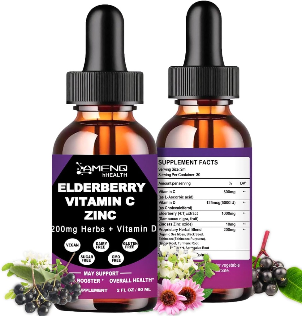 Organic Elderberry Sirup, Liquid Drops Elderberry C-vitamiini ja Sinkki aikuisille, 11-in-1 Sambucus Musta Elderberry Tincture w/ Vitamiini D3, Meri Moss Musta Seed, Elderberry Immune Support Supplement