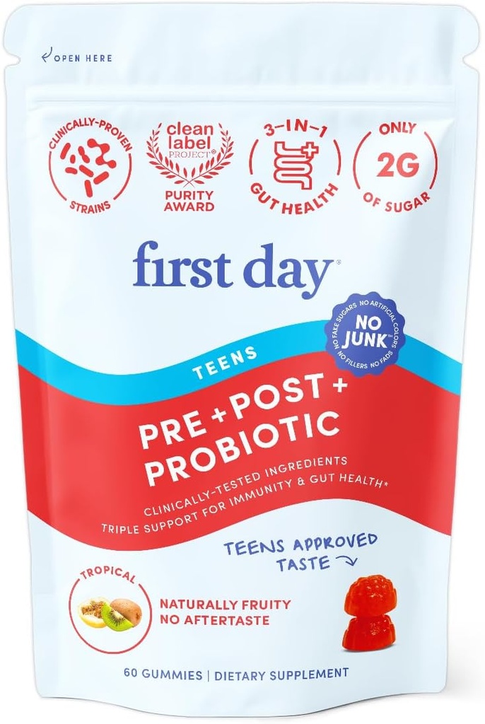 Första dagen Teens Gut Sustainer Tribiotic Gummies - 3-i-1 Prebiotic, Probiotic & Postbiotic Supplement - Stöder Digestive, Skin, Oral & Immune Health, Nutrient Absorption & Growth - 30-Day Supply