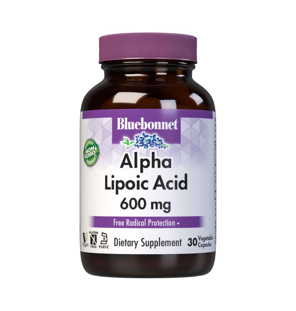 BlueBonnet Alpha Lipoic Acid 600mg - Tehokas antioksidanttinen hermolisä naisille ja miehille - ei-GMO, Vegan, Kosher - Gluteeniton, soijaton, maitotuotteeton - 60 kasviskapselia