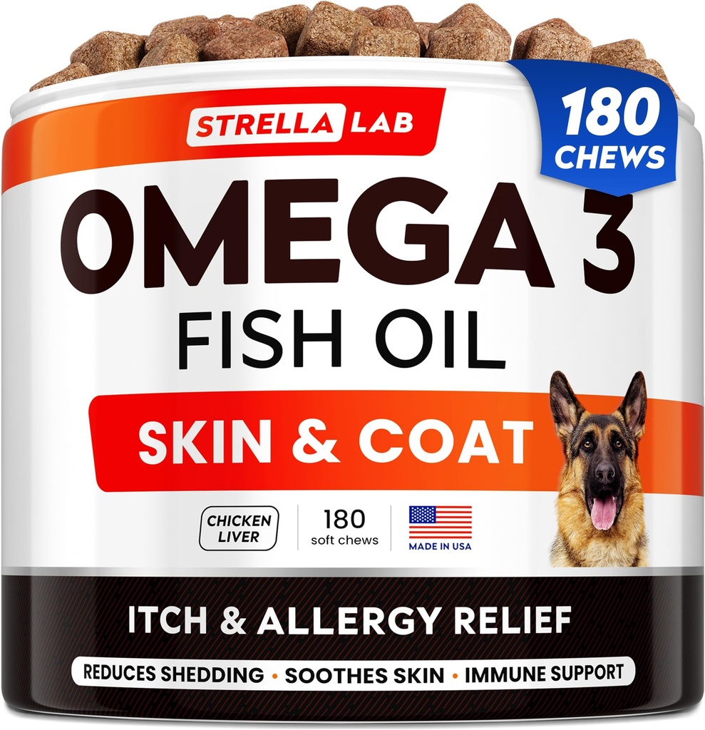 StrellaLab Fish Oil Omega 3 Hoidot koirille (180 Hoitoa) - Allergia & kutina Relief - Iho- ja turkkilisä - Joint Health - Wild Alaskan Salmon Oil - Haudutus, kutiava iho - Omega 3 6 9 - EPA&DHA