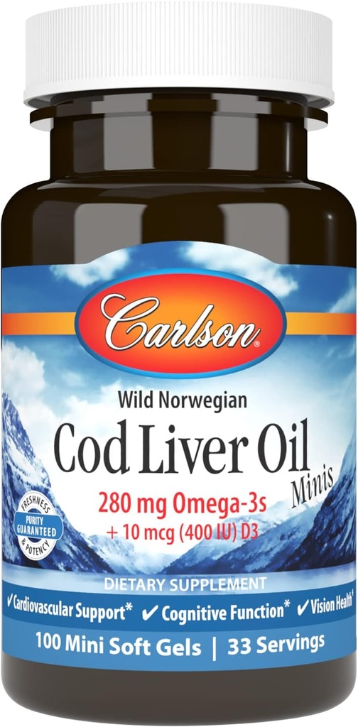 Carlson - Turska Maksaöljy Minis, 280 mg Omega-3s + A- ja D3-vitamiinit, Norja, Wild Caught, kestävästi lähde, 100 Mini Softgels